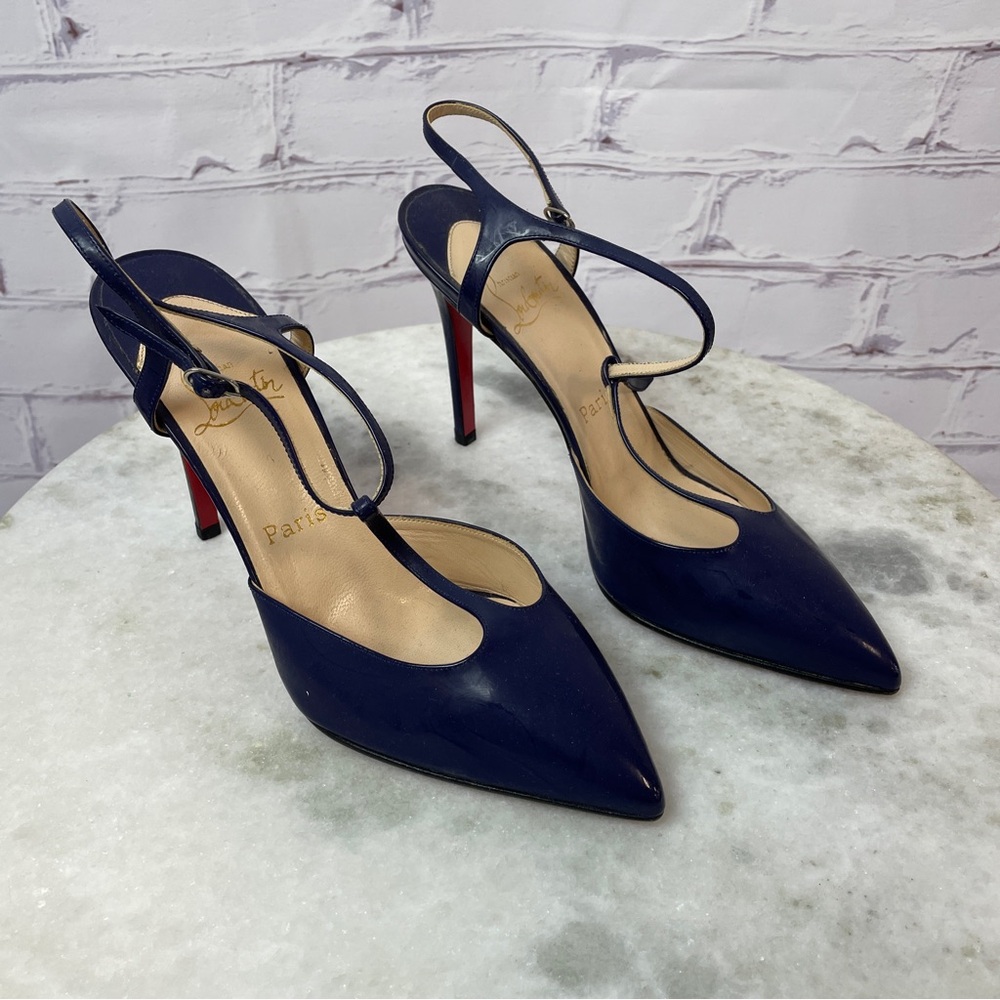 Christian Louboutin Navy Blue Patent Leather Slingback Pumps with Red Soles